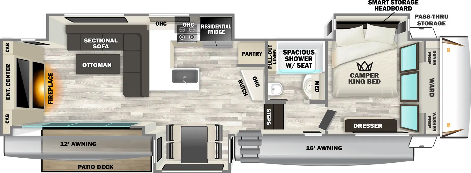 The Sabre 33RLP floorplan has one entry and three slide outs. Exterior features include: fiberglass exterior and 16' awning. Interiors features include: free-standing dinette option and front bedroom.